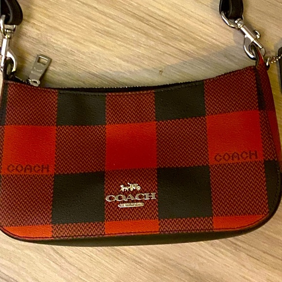 Coach Jes Baguette Crossbody Black/Red Buffalo Plaid Print - Picture 2 of 7